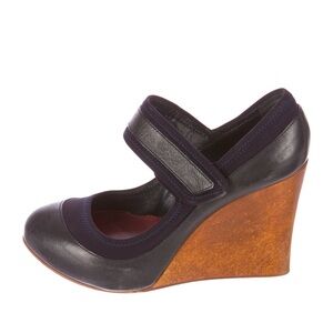 Chloe leather with wood wedge heels and strap across foot; Italian size 39